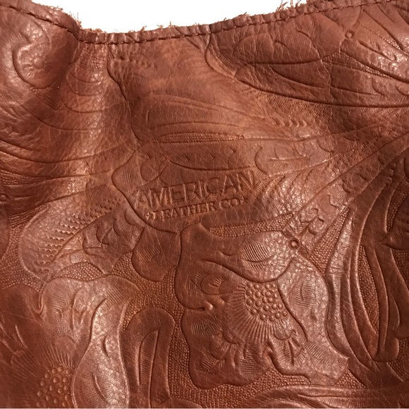 SOLD American Leather Co Shoulder Purse Embossed Tooled Floral Brown Bag - Picture 4 of 13